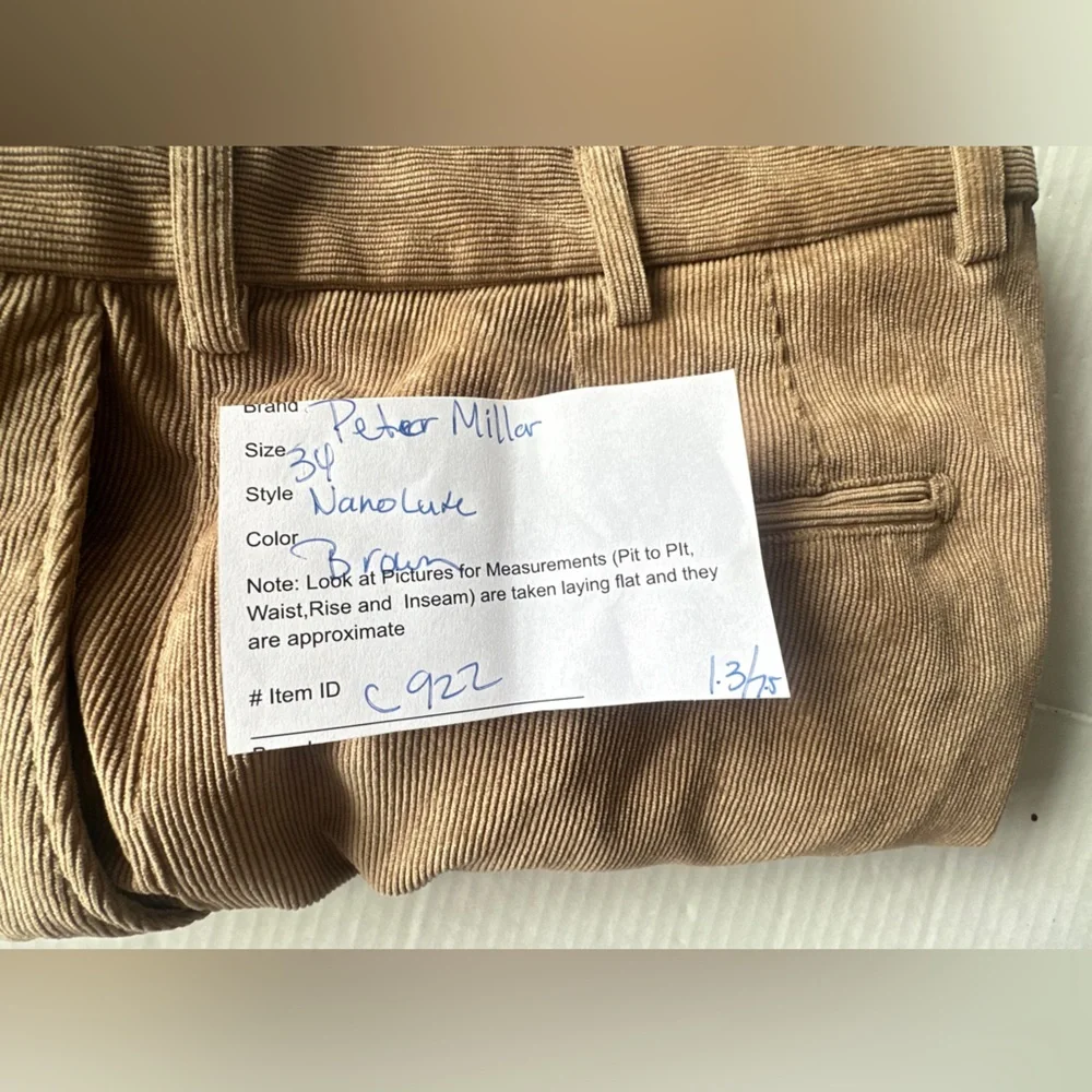 Peter Millar Pants Men 34x31 Brown Nanoluxe Corduroy Flat Front‎ Casual Normcore